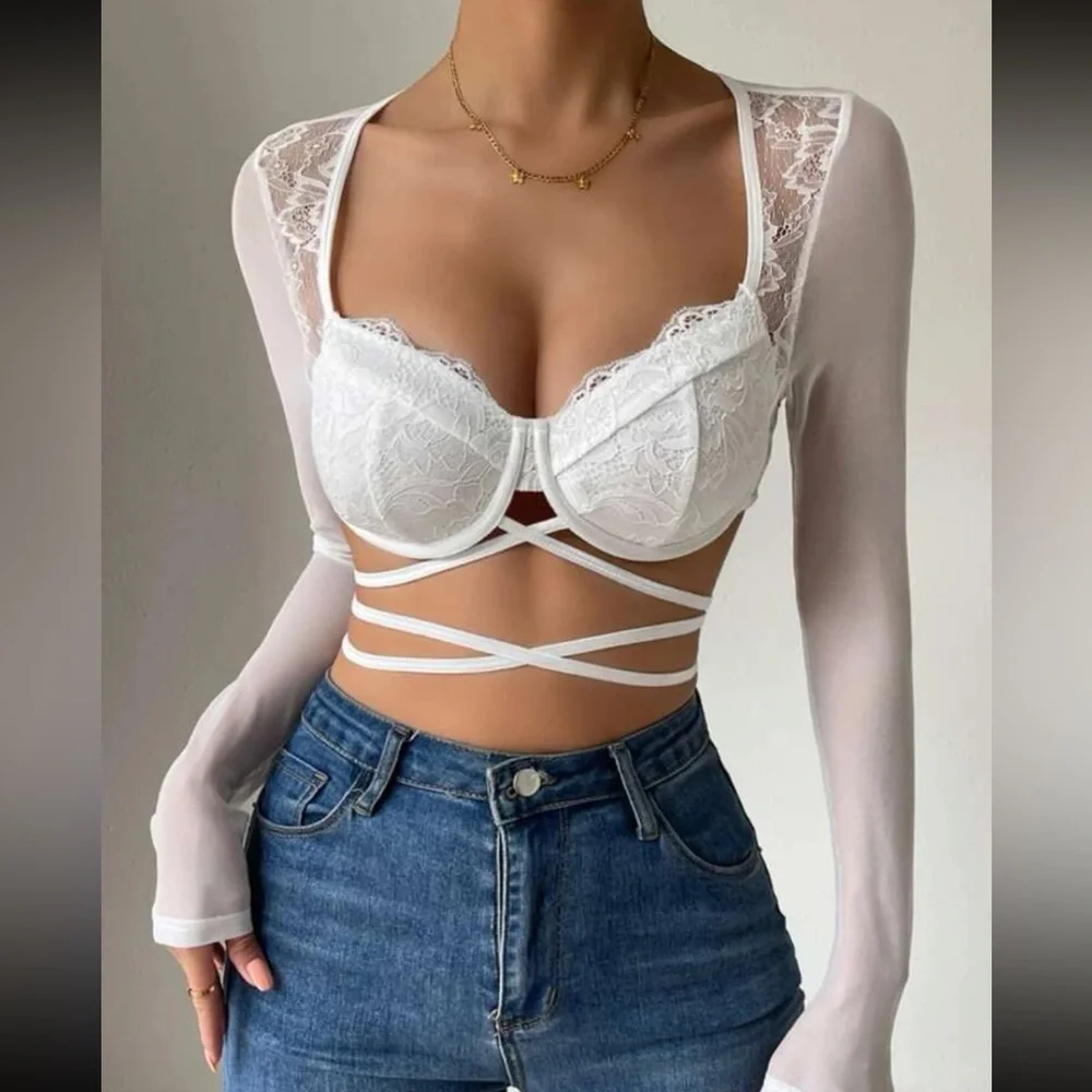 Boho lace crisscross tie back crop top